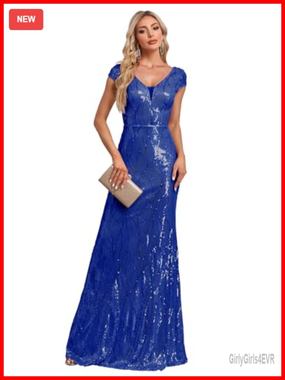 Sequined Short Sleeve Long Formal Evening Dress V-Neck Gown